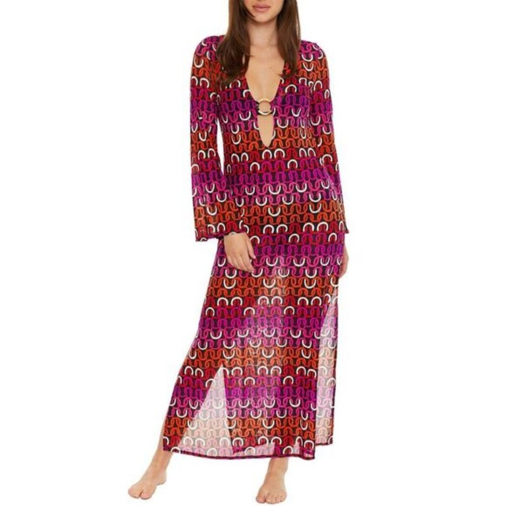 Trina Turk Womens Geo Long-Sleeve V-Neck Mesh Maxi Dress Cover-Up Small Multi
